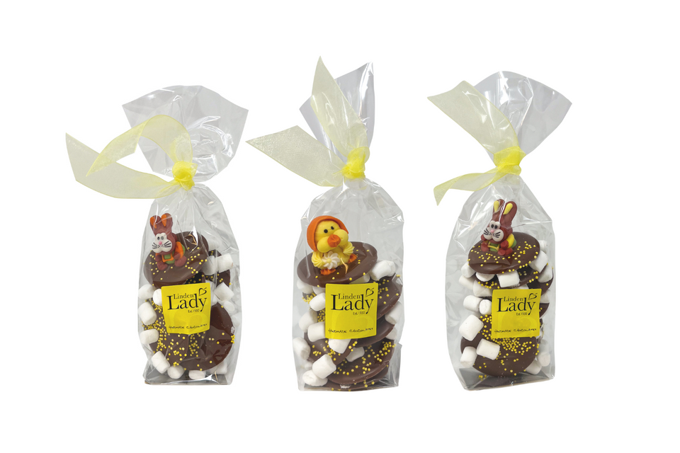 Ribbon Bag of Giant Milk Chocolate Buttons with Easter Decorations xx