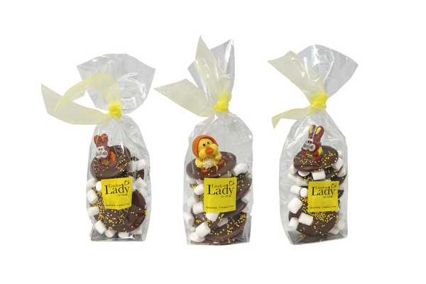 Ribbon Bag of Giant Milk Chocolate Buttons with Easter Decorations