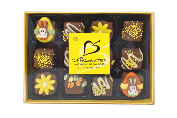 Gift Box of 12 Chocolate Covered Fudge Pieces with Easter Décor